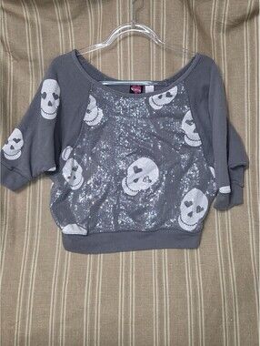 Hard Candy Sugar Skull Grey Sequin Halloween Top Women’s L 11-13 Goth Emo